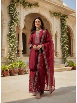 Gahan - Womens Maroon Embroidered Kurta with Palazzo & Dupatta