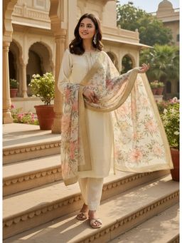 Gahan - Womens Off White Kurta with Pant & Printed Dupatta