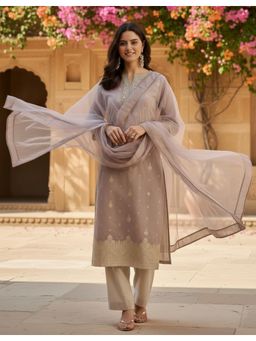 Gahan - Womens Grey Embroidered Kurta with Pant & Gota Work Dupatta