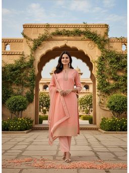 Gahan - Womens Peach Embroidered Kurta with Pant & Gota Work Dupatta