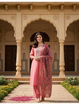 Gahan - Womens Peach Embroidered Kurta with Pant & Dupatta