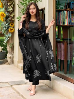 Gahan - Womens Black Viscose Rayon Anarkali Printed Kurta with Pant & Dupatta