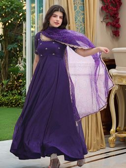 Gahan - Womens Purple Viscose Rayon Anarkali Embroidered Kurta with Pant & Dupatta