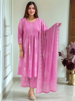 Gahan - Womens Pink Viscose Rayon Anarkali Printed Kurta with Pant & Dupatta