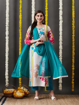 Gahan - Womens Cream Viscose Rayon Straight Printed Kurta with Pant & Dupatta