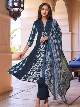 Gahan - Womens Blue Viscose Rayon Anarkali Printed Kurta with Pant & Dupatta