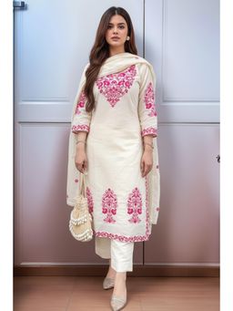 Gahan - Womens Cream Viscose Rayon Straight Embroidered Kurta with Pant & Dupatta
