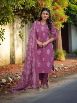 Gahan - Womens Lavender Viscose Rayon Straight Printed Kurta with Pant & Dupatta