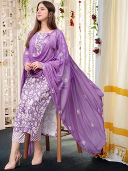 Gahan - Womens Lavender Viscose Rayon Straight Printed Kurta with Pant & Dupatta