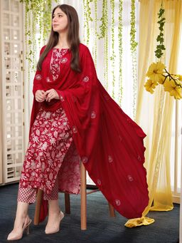 Gahan - Womens Red Viscose Rayon Straight Printed Kurta with Pant & Dupatta