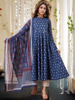 Gahan - Womens Blue Viscose Rayon Anarkali Printed Kurta with Pant & Dupatta