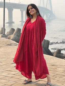 Gahan - Womens Red Viscose Rayon Anarkali Solid Anarkali Kurta with Pant & Dupatta