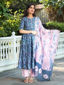 Gahan - Womens Navy Blue Viscose Rayon Anarkali Printed Kurta with Pant & Dupatta
