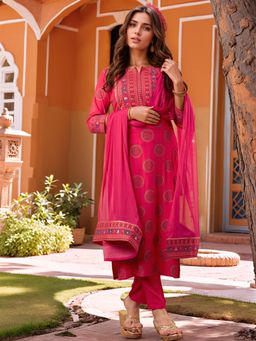 Gahan - Womens Pink Viscose Rayon Straight Printed Kurta with Pant & Dupatta