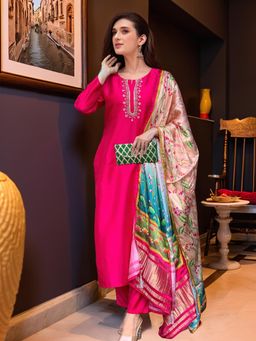 Gahan - Womens Pink Viscose Rayon Straight Embroidered Kurta with Pant & Dupatta