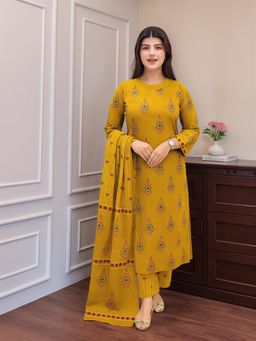 Gahan - Womens Mustard Viscose Rayon Straight Printed Kurta with Pant & Dupatta