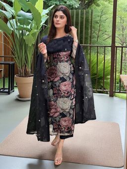 Gahan - Womens Black Viscose Rayon Straight Printed Kurta with Pant & Dupatta