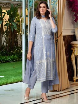 Gahan - Womens Grey Viscose Rayon Straight Printed Kurta with Pant & Dupatta