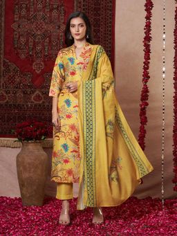 Gahan - Womens Mustard Viscose Rayon Straight Printed Kurta with Pant & Dupatta