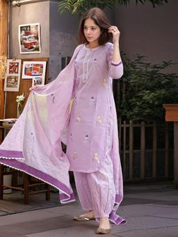 Gahan - Womens Purple Viscose Rayon Straight Printed Kurta with Pant & Dupatta
