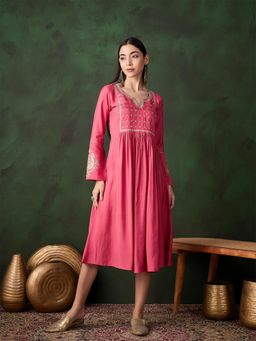 Gahan - Womens Floral Work Coral Pink Fashionable Dress