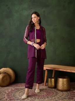 Gahan - Womens Purple Fashionable Embellished Stylish Crop Top, Shrug & Pant