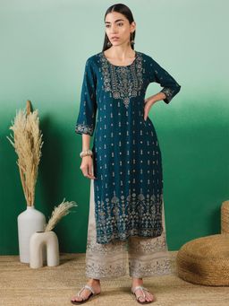 Gahan - Womens Teal Designer Floral Thread Work Stylish Kurta with Palazzo