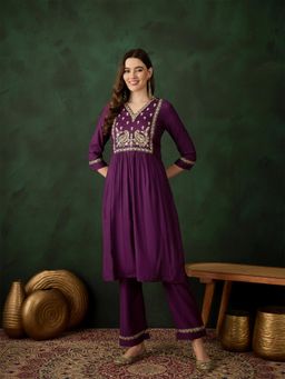 Gahan - Womens Wine Designer Embroidered Stylish Kurta with Pant