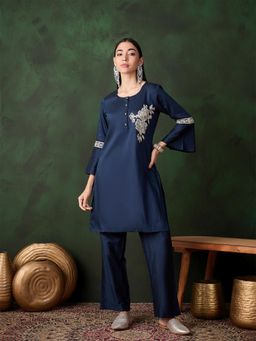 Gahan - Womens Navy Blue Thread Floral Work Designer Stylish Kurta with Pant