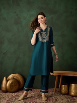 Gahan - Womens Teal Blue Designer Embroidered Stylish Kurta with Pant
