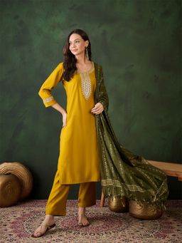 Gahan - Womens Mustard Embroidered Work Designer Kurta with Pant & Dupatta
