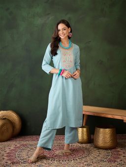 Gahan - Womens Sky Blue Designer Solid Stylish Kurta with Pant