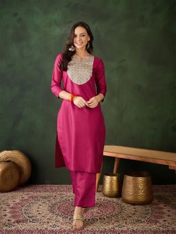 Gahan - Womens Pink Designer Solid with Golden Zari Work Stylish Kurta with Pant