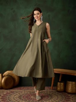 Gahan - Womens Olive Designer Solid Stylish Anarkali Kurta with Pant