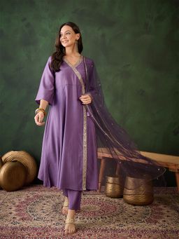 Gahan - Womens Purple Designer Solid Stylish Kurta with Pant & Dupatta