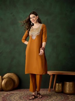 Gahan - Womens Mustard Designer Embroidered Stylish Kurta with Pant