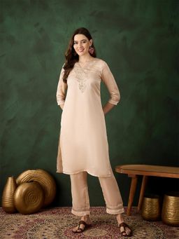 Gahan - Womens Beige Designer Solid with Zari Work Stylish Kurta with Pant