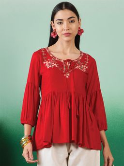 Gahan - Womens Red Jaquard Embroidered Floral Work Stylish Top