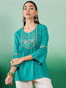 Gahan - Womens Green Jaquard Embroidered Floral Work Stylish Top