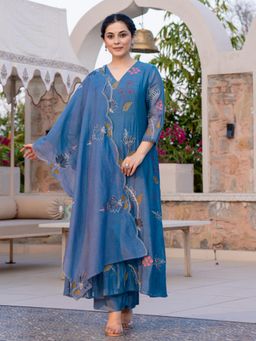 Gahan - Womens Blue Viscose Rayon Straight Embroidered Anarkali Kurta with Pant & Dupatta