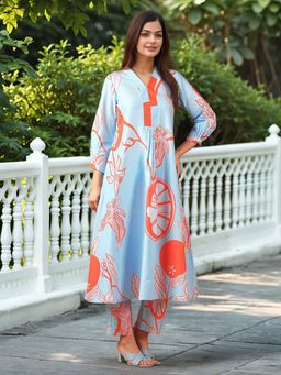 Gahan - Womens Blue Viscose Rayon Anarkali Printed Kurta with Palazzo