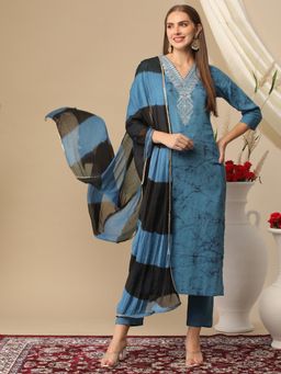 Gahan - Womens Blue Viscose Rayon Straight Printed Kurta with Pant & Dupatta