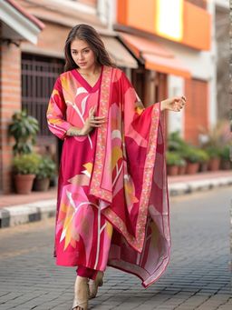 Gahan - Womens Pink Viscose Rayon Straight Printed Kurta with Pant & Dupatta