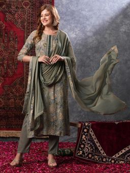 Gahan - Womens Grey Viscose Rayon Straight Printed Kurta with Pant & Dupatta