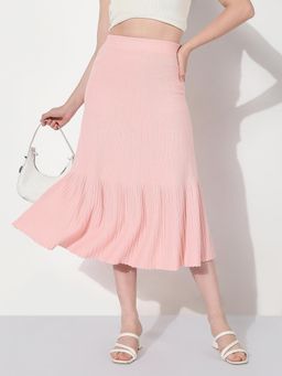 SHOWOFF - Women Ribbed Pink Trumpet Midi Skirt