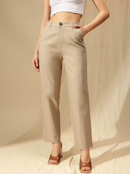 Xpose - Women Beige Cotton Linen Straight Fit High Rise Trousers