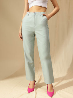 Xpose - Women Sky Blue Cotton Linen Straight Fit High Rise Trousers