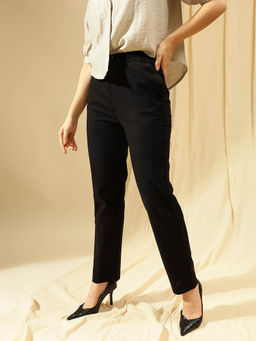 Xpose - Women Black Straight Fit Cotton Linen Trousers