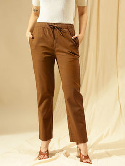 Xpose - Women Brown Straight Fit Cotton Linen Trousers