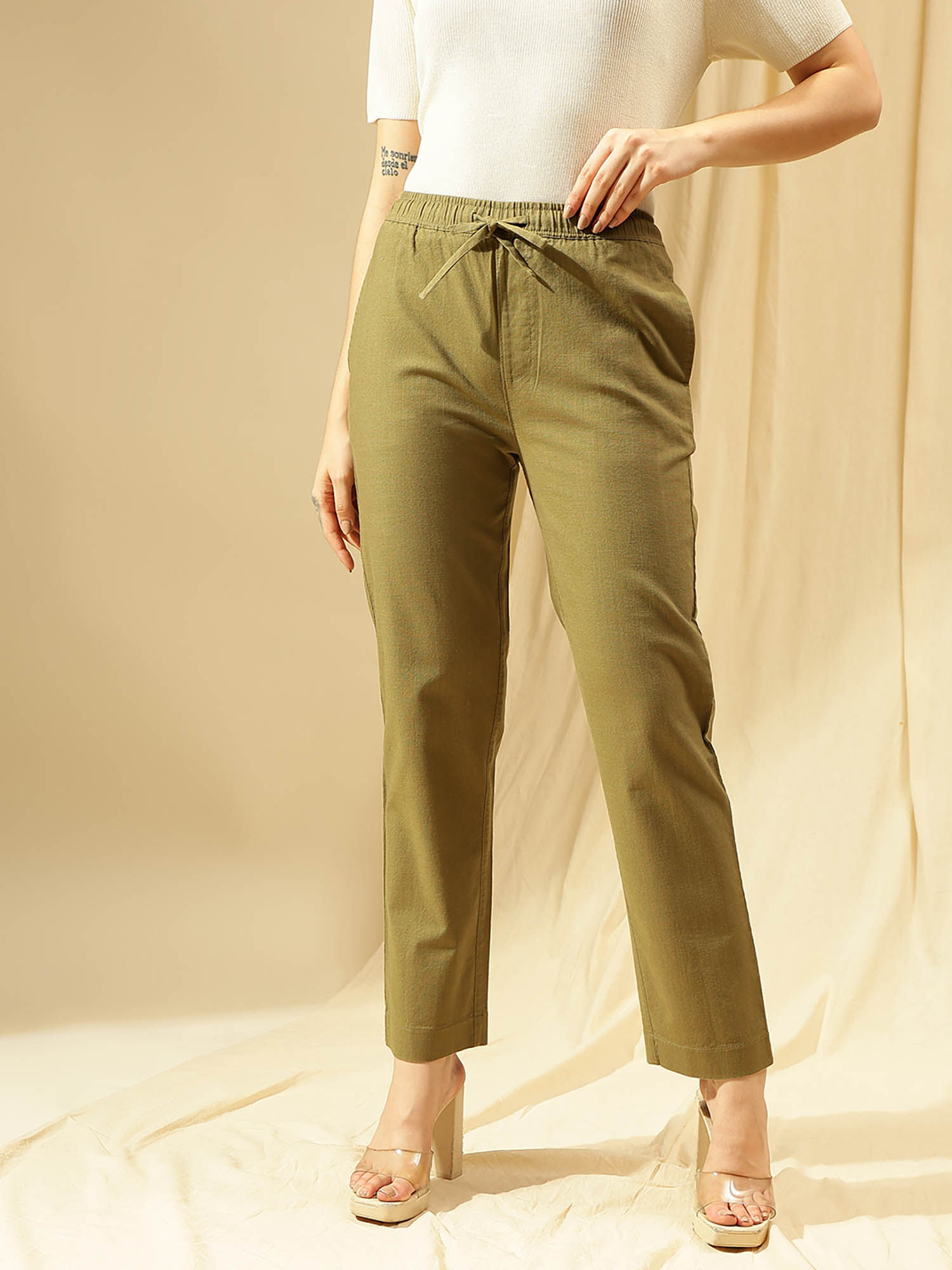 Buy Xpose Women Olive Straight Fit Cotton Linen Trousers (28) Online